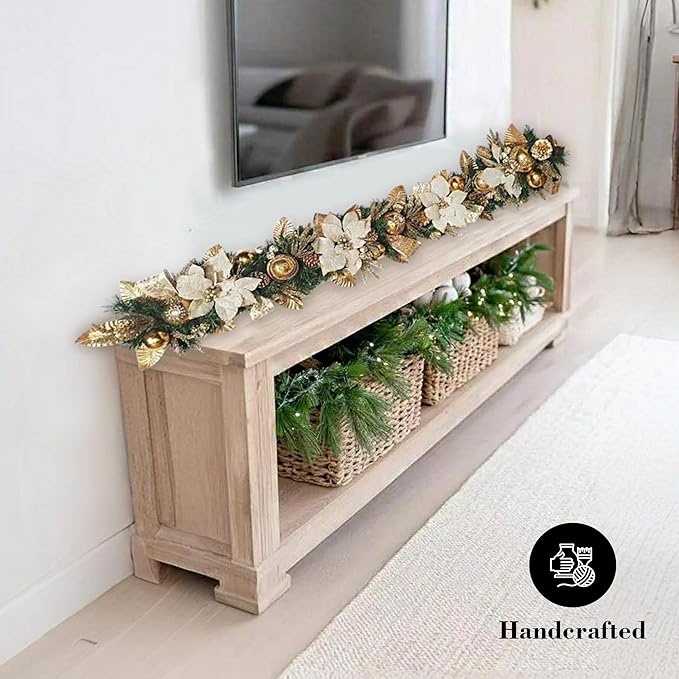 Holiday Tree White Gold Poinsettia Garland 5 Ft – Luxurious Christmas Garland with Metallic Accents, Festive Home Décor for Mantels, Doors & Tables