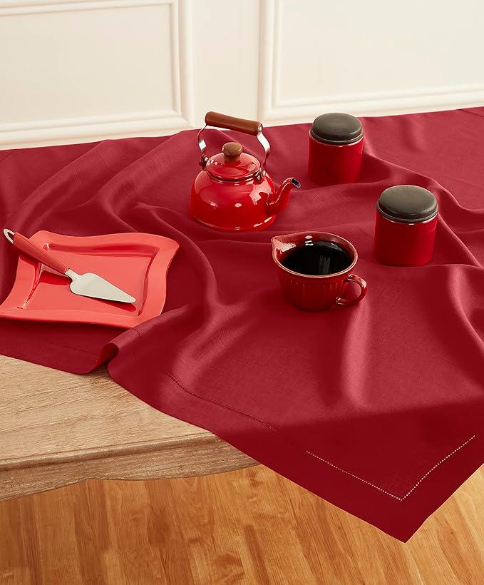 Solino Home Red Linen Tablecloth 52 x 52 Inch - 100% Pure Linen Square Table Throw - Classic Hemstitch, Machine Washable Table Cloth for Christmas