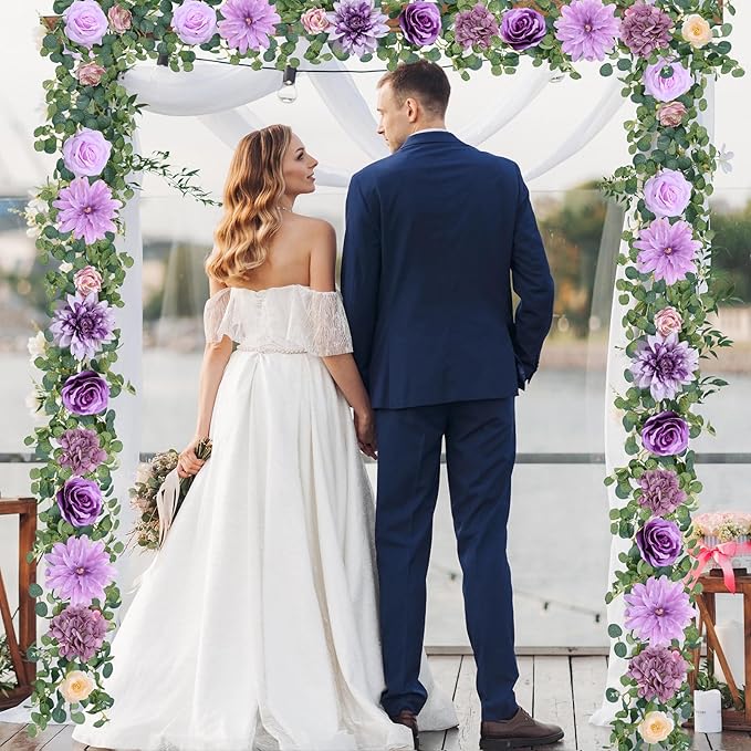 Waipfaru Flower Garland, 6.07Ft Eucalyptus Garland with Flowers, Silk Rose Floral Vines for Wedding Reception Table Mantle Decor (Purple)