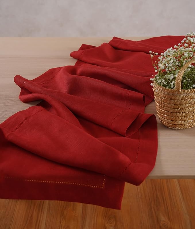 Linen Table Runner 14 x 90 Inch Long - 100% Pure Linen Christmas Red Table Runner - Cloth Fabric Hemstitch Runner for Thanksgiving, Christmas, Winter, New Year - Elara
