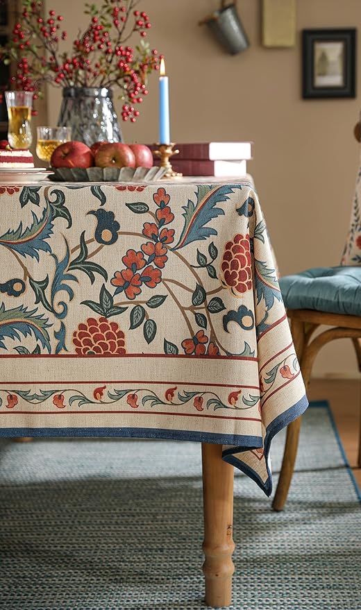 patdrea Designer Vintage Linen Tablecloth for Rectangle Table,French Soft Durable Floral Tablecloths,Colorful Table Cover for Kitchen Dining,Parties,Christmas,Thanksgiving,Party,55"x71"-Puno