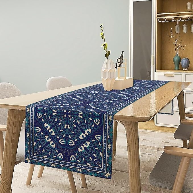 Boho Floral Vintage Table Runner, Retro Morris Abstract Blue Flower Rustic Country Farmhouse Pattern for Home Kitchen Table Decor Dining Coffee Room Wedding Party Decor 13x120in