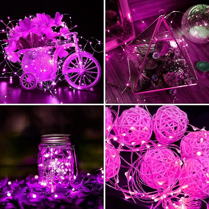 Aogist 24 Pack Fairy Lights 3 Modes 7ft 20 LED Waterproof,Battery Operated Silver Wire Firefly Starry Moon Mini String Lights for Mason Jars Christmas DIY Crafts Wedding Party Bedroom,Pink