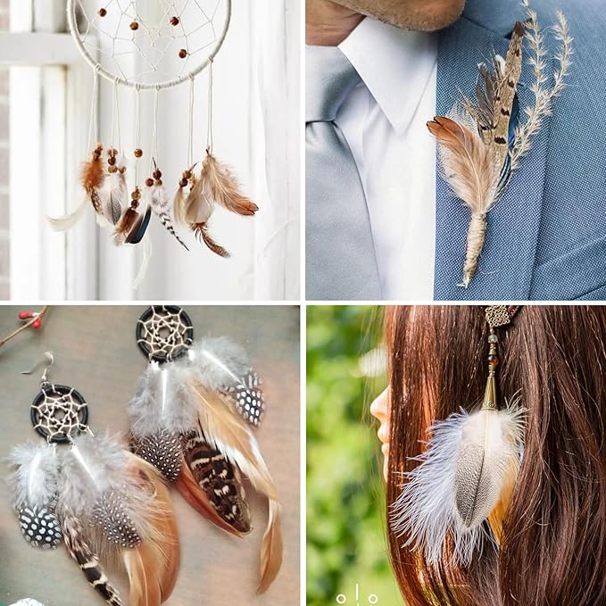 MAOFENG 210pcs 7 Styles Natural Bulk Feathers Assorted Mixed Feathers for DIY Crafts Dream Catcher Wedding Hair Hats Decoration,Guinea Fowl Feathers