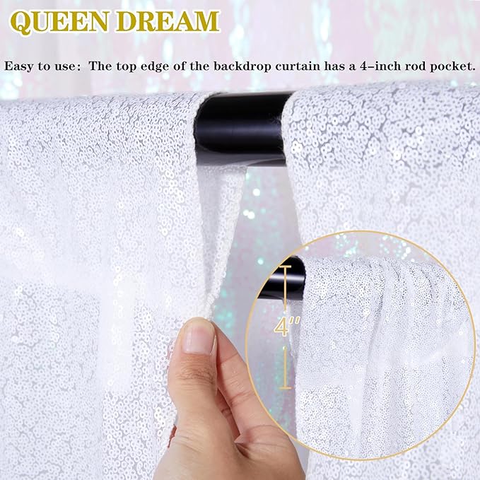 3x8FT White Backdrop Curtains 2 Panels Sequin Fabric Drapes Wedding White Curtain Backdrop Background for Birthday Party
