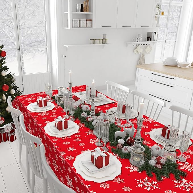 Jectivs 12 Pieces Christmas Snowflake Plastic Party Tablecloth Decorations,White Snowflake Red Xmas Backdrop Sign Table Cover Banner for Winter Christmas Holiday Party Supplies,54x108 inch (Red)