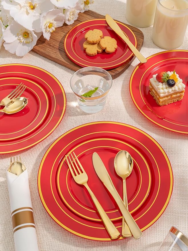 175 Pieces Christmas Plastic Plates - Red Plastic Plates with Gold Rim Include 25 Dinner Plate 10”, 25 Dessert Plate 7”, 25 gold Cups 9 OZ, 25 Pre Rolled Napkins for Christmas/Party