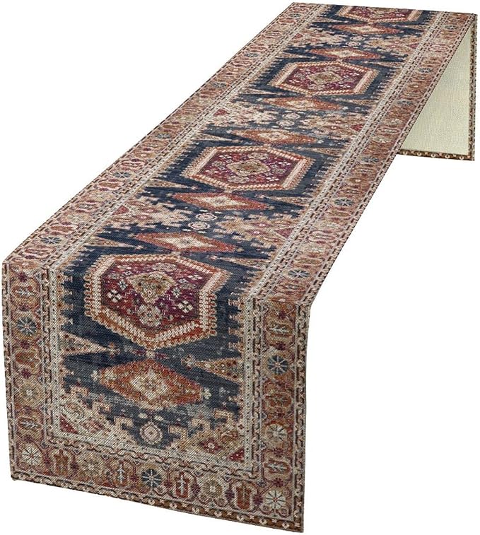 Vintage Boho Table Runner,Flower Geometric Design Rustic Farmhouse Table Runner for Home Farmhouse Kitchen Table Dining Coffee Room Garden Party Wedding Decor 13x108in