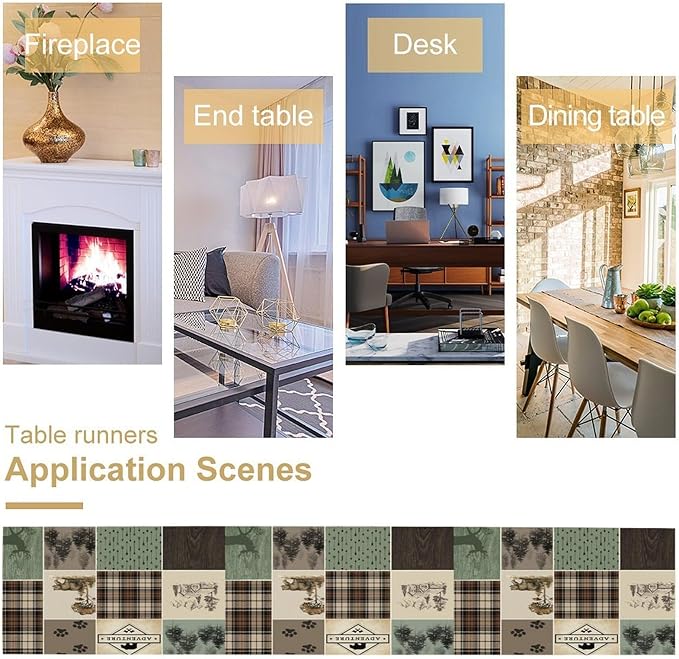 Bear Deer Table Runner,Rustic Lodge Retro Country Farmhouse Buffalo Plaid Print Tablecloth Burlap for Hotel Indoors Outdoor Dining Room Kitchen Home Decor,W13X L70 in