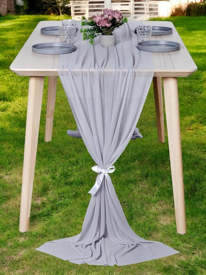 MDS 2 Pack 10ft Chiffon Table Runner 29 x 120 Inches Sheer Wedding Runner Romantic Rustic Table Runner for Wedding Decorations, Birthday Parties, Bridal Shower Party Arch Decor - Cool Gray