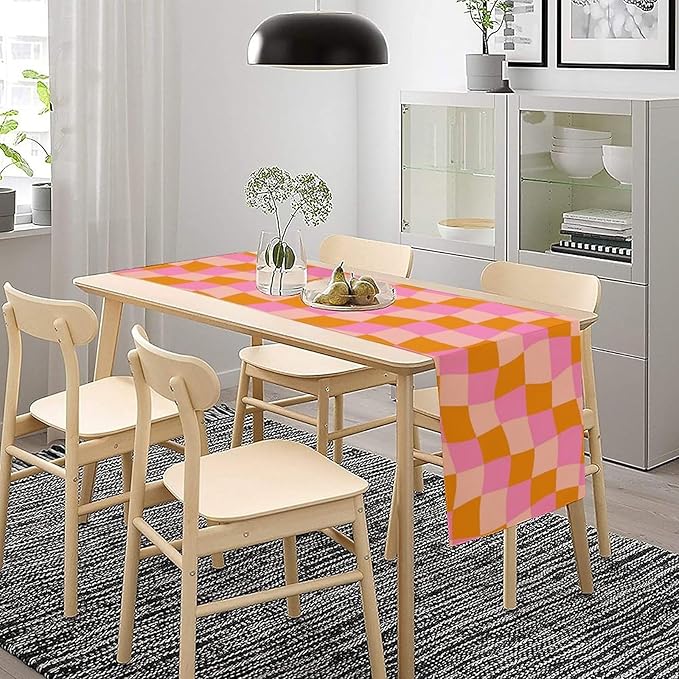 Checkered Table Runner Orange Retro 60s70s Boho Style Kitchen Restaurant Decoration Suitable for Indoor and Outdoor Festival Home Wedding Party Table Runner 13x90 Inch