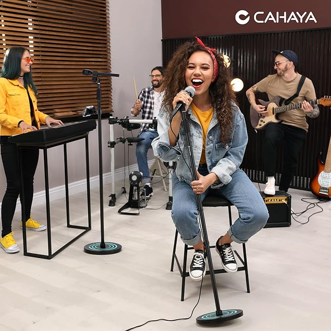 CAHAYA Mic Stand Floor Detachable - Microphone Stand Heavy Duty with Weighted Round Base Phone Holder and 2 Mic Clips Portable Mic Stands Height Adjustable 50" to 64" for Singing Performance Stage
