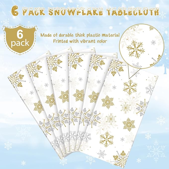 6Pcs Christmas Snowflake Party Tablecloths Decorations,Plastic White and Gold Table Cloth,Winter Rectangle Table Cover for Christmas New Year Birthday Baby Shower Holiday Party Decorations,54x108 inch