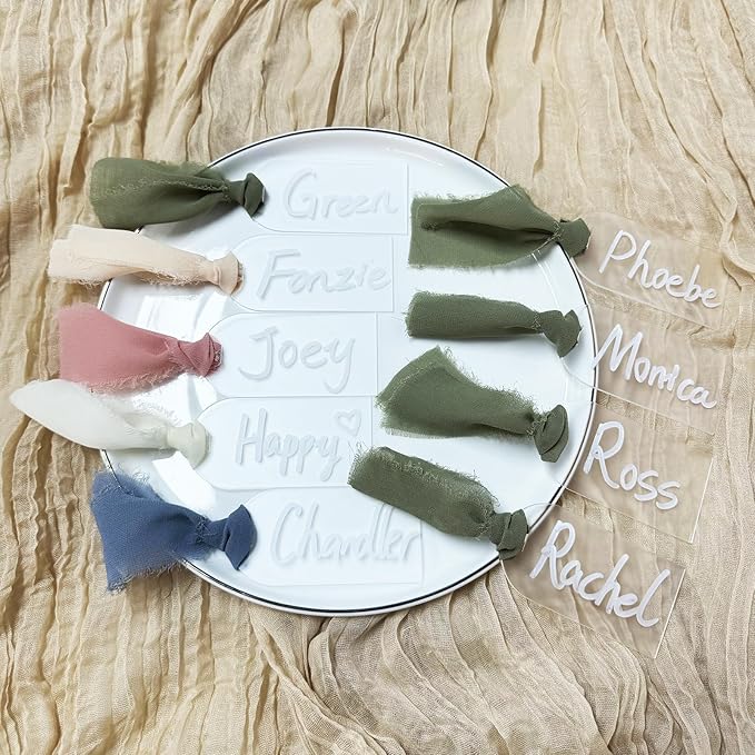 50Pcs Acrylic Place Card for Wedding Frosting Acrylic DIY Table Seating Cards Wedding Supplies with Green Ribbon