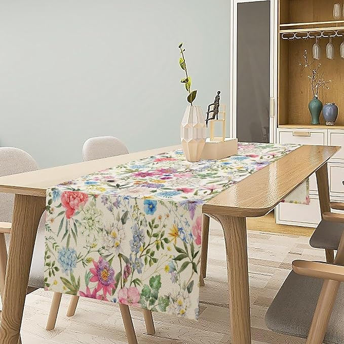 Floral Table Runner Watercolor Peony Rose Flower Kitchen Table Decoration for Indoor and Outdoor Wedding Party 13x36 Inch