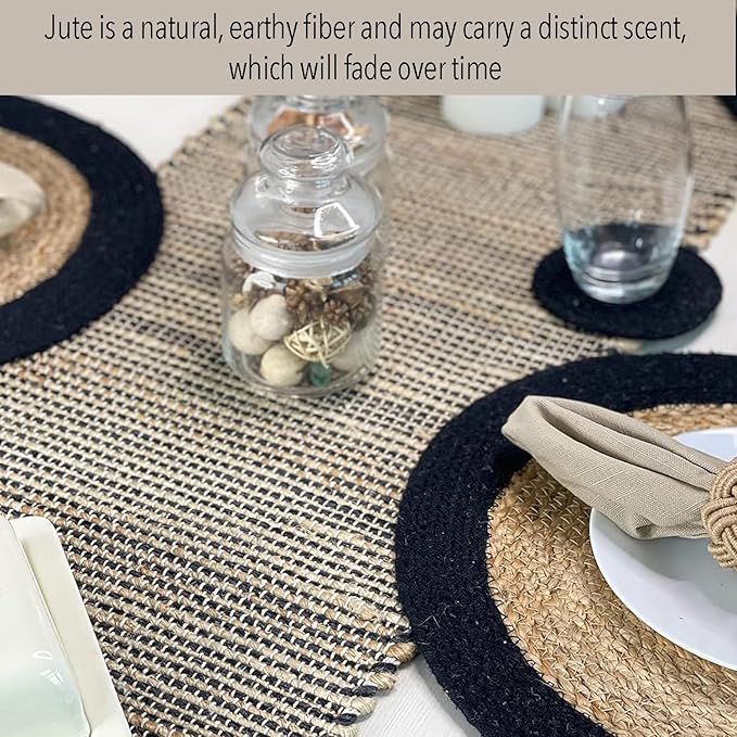 Chardin home Natural Jute Table Runner 13x108 Inch – Vintage Boho Rustic Table Decor – Handwoven Long Table Runner in Natural Jute and Black – Farmhouse Dining or Console Table Accent