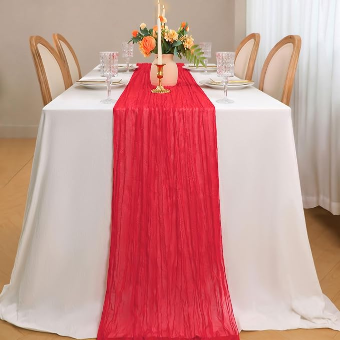 Snowkingdom 6 PCS Red Cheesecloth Table Runner 10 Ft, 120 inch Long Cheese Cloth Gauze Runners for Christmas Valentine Wedding Bridal Baby Shower Birthday Holiday Party Table Decorations