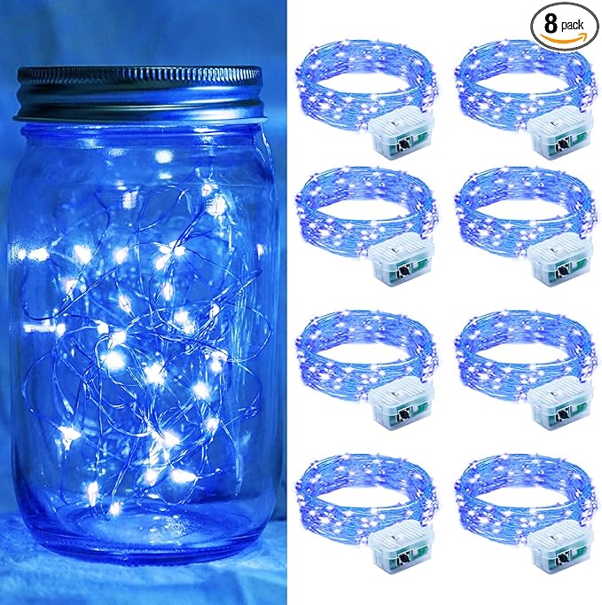 8 Pack Blue Fairy Lights 7Ft 20 LED Twinkle String Lights 3 Modes Battery Operated Waterproof Firefly Starry for Mason Jar Party Wedding Christmas Valentines Day Table Centerpieces