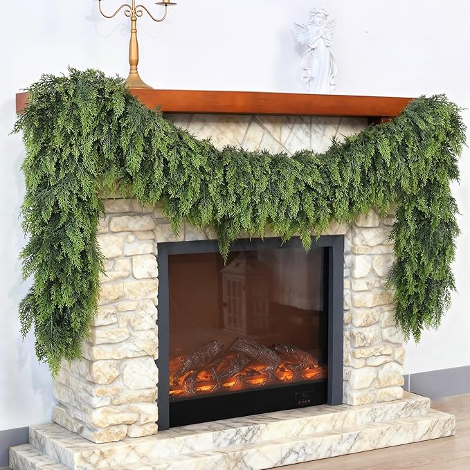 Christmas Cedar Garland - 5ft Artificial Cedar Garland Faux Lush Green Fake Pine Needles for Fireplace,Table,Window,Stairs,Mante,Holiday Indoor Outdoor Xmas Decor(2PCS)