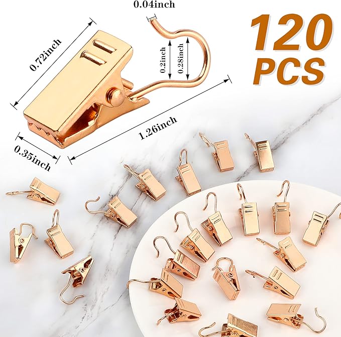 JANYUN 120 Pack Clip Hook Set Stainless Curtain Clips for Hanger Photo Light Home Decoration Art Craft Dispaly Hang Clip (Gold)