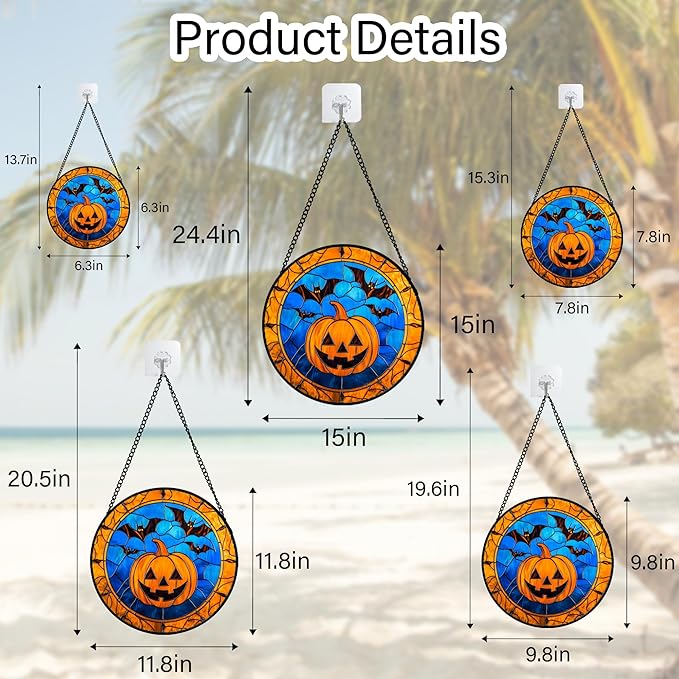 Stained Glass Window Hanging - Halloween Evil Pumpkin Suncatcher for Doors Window Garden Indoor Spooky Brown Bat Sun Catchers Gothic Decor Horror Gifts for Women Men Friend Boy Girl 7.8 in