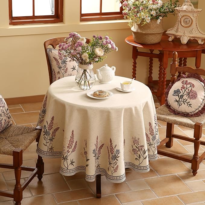 ISAENNE French Tablecloth for Round Tables,Linen Table Cloth with Colorful Flowers Pattern,Heavy Durable Table Cover for Dining Thanksgiving Kitchen Decor Party Christmas,Diameter 67"