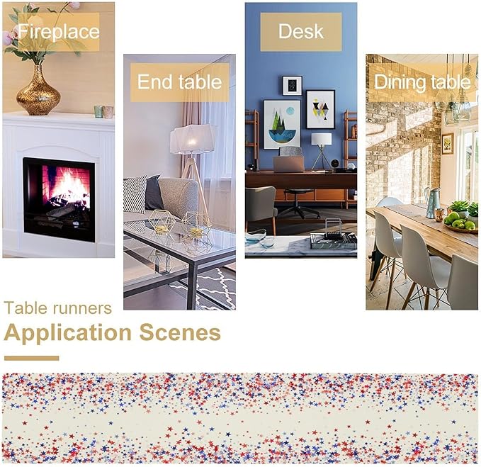 Independence Day Table Runner, 4th of July Red Blue Stars American President Day Holiday Confetti Print Table Cover for Kitchen Dining Table Indoor Outdoor Party, 13x120inch