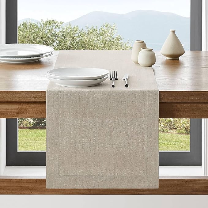 ZeeMart Linen Textured Border Table Runner, 14 x 108 Inch Natural, Farmhouse Style Neutral Table Runners 108 Inches Long, Easy Care Everyday Polyester Table Runner