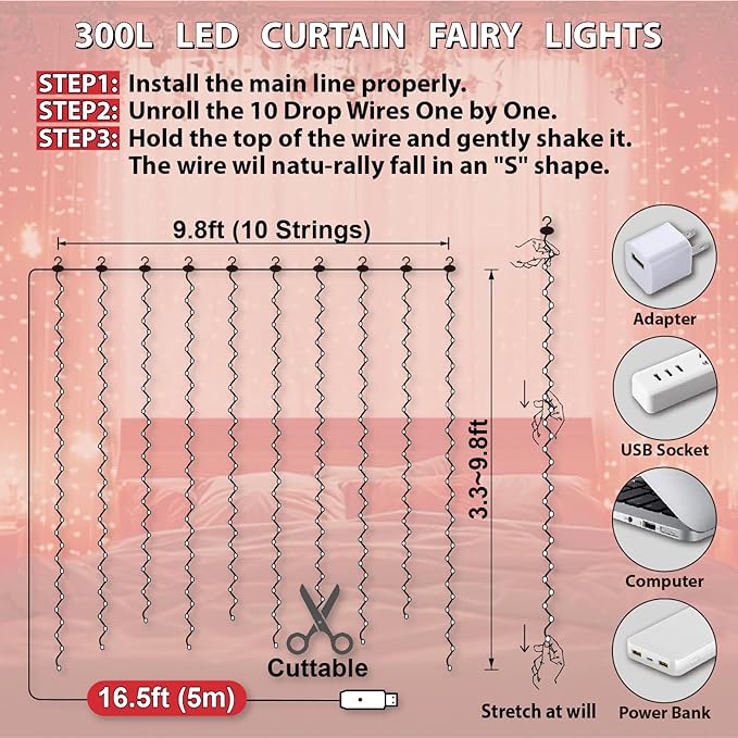 HXWEIYE 300LED Fairy Curtain Lights, 9.8x9.8Ft USB Plug-in 8 Modes Christmas String Hanging Lights with Remote for Bedroom Backdrop Wedding Party Indoor Wall Decor, Red