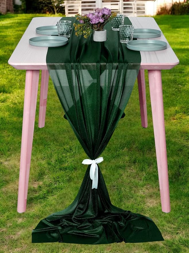 MDS 25 Pack 10ft Chiffon Table Runner 29 x 120 Inches Sheer Wedding Runner Romantic Rustic Table Runner for Wedding Decorations, Birthday Parties, Bridal Shower Party Arch Decor - Hunter Green