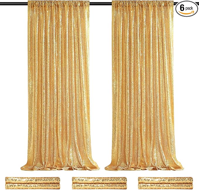 Gold Sequin Backdrop Curtain Drapes - Glitter Gold Curtains 6 Pieces 2ftx8ft Wedding Background Party Stage Birthday Decorations