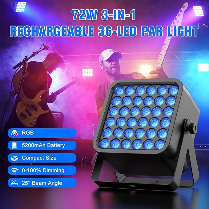 Rechargeable Par Can Lights, 72W RGB 5200mAh Uplights Battery Powered Stage Light, Wireless DJ Lights Sound Activated with Remote & DMX Control for Festivals, Weddings, Bars, Churches, DJ (2 Packs)