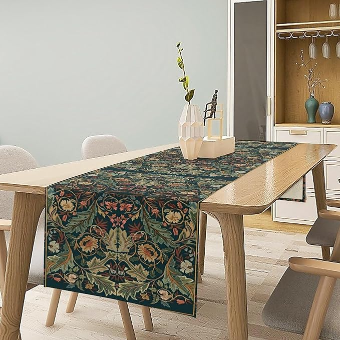 Green Morris Floral Table Runner, Boho Rustic Country Farmhouse Teal Red Rose Pattern for Home Kitchen Table Decor Dining Coffee Room Party Decor 13x120in