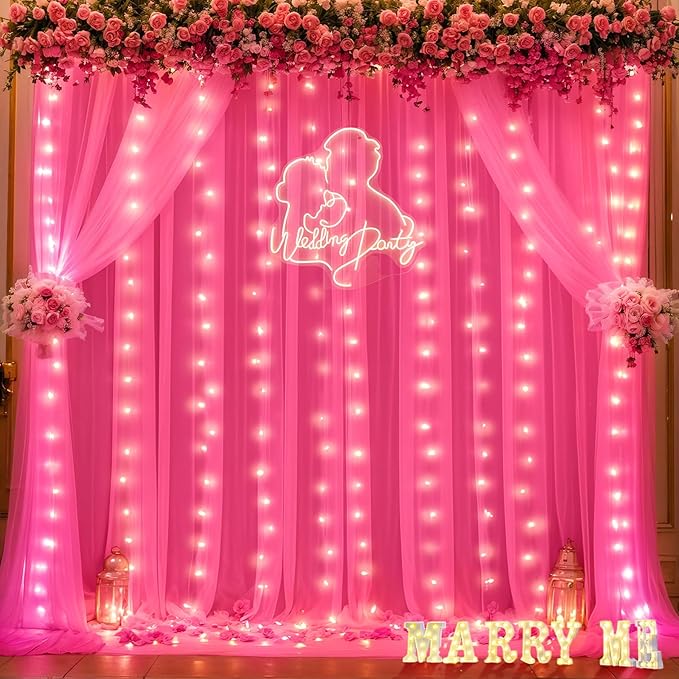 Hot Pink Tulle Backdrop Curtain with Lights for Parties 10x8ft Fuchsia Sheer Backdrop Curtains for Weddings Birthday Baby Shower Photo Shoot Background Decorations