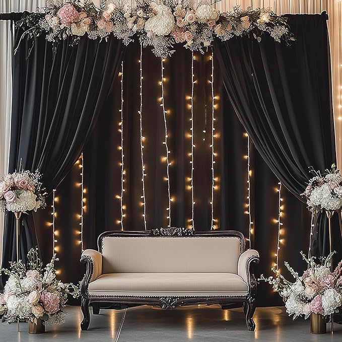 50ftx15ft Wrinkle Free Black Backdrop Curtain, 10 Panels 15FT Height Black Wedding Backdrop Drapes, Silky Polyester Back Drop Cloth for Birthday Photography Background Party Backdrop Draping