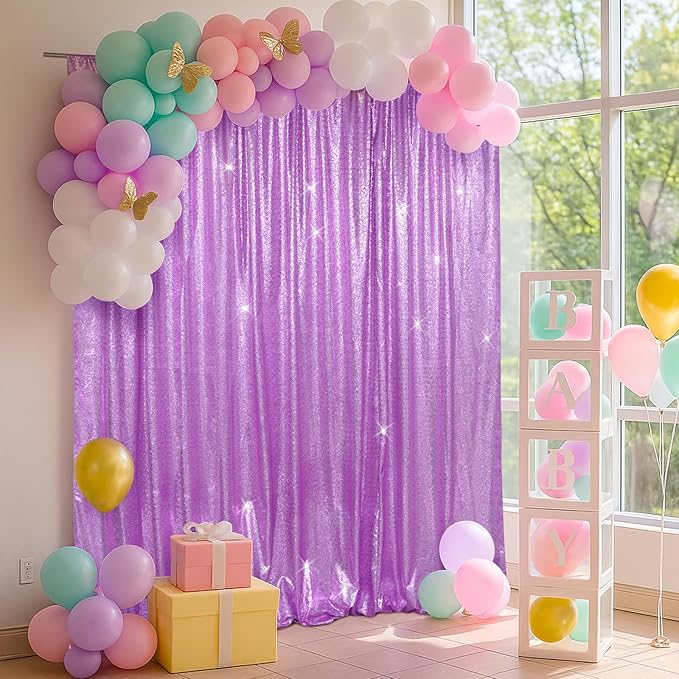 SquarePie Sequin Backdrop Less Transparent Background Sparkly Curtain for Wedding Party 6FT x 8FT Lavender