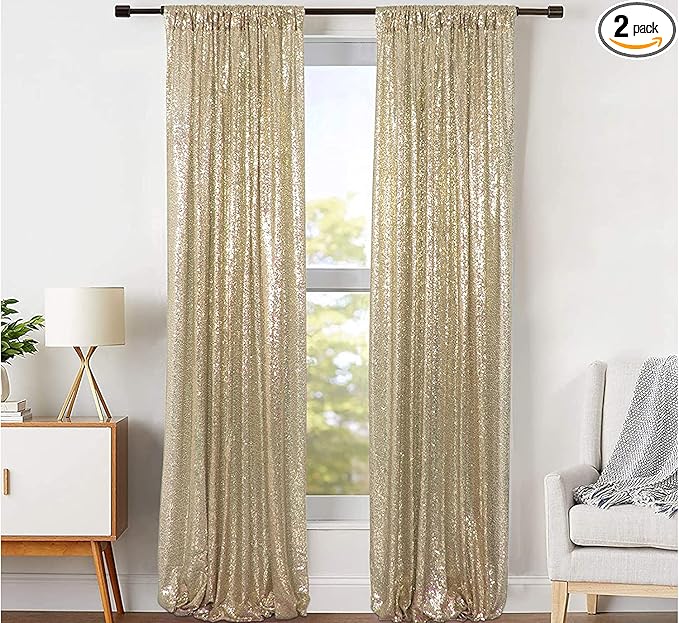 JYFLZQ Champagne Sequin Backdrop Curtains 2ft x 8ft 2 Panel Glitter Photo Booth Backdrops Sparkly Photography Background Drapes for Parties Wedding Bridal Showers