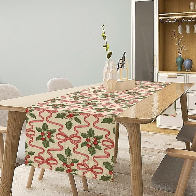 Christmas Table Runner,Xmas Holiday Bowknot Decor Table Cloth Kitchen Dining Table Decoration for Home Party Decor 13x108 Inch