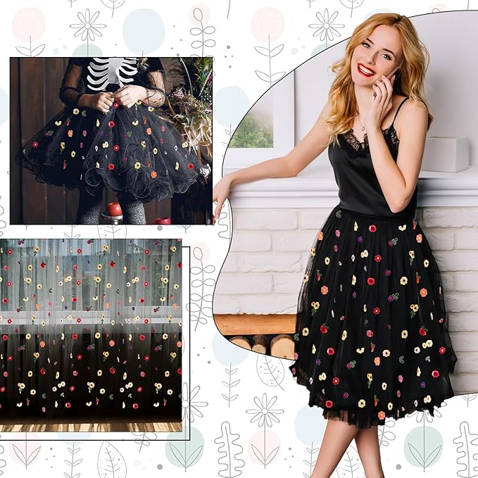 BINBE 6pcs Black Daisy Fall Table Runner Embroidery Gauze 10FT Florals Seasonal Tulle Holiday Birthday Kitchen Dining Table Decor for Home Party
