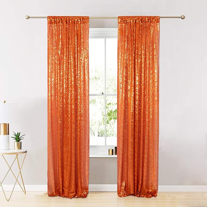 ShinyBeauty Navy and Orange Backdrop - 2FTx8FT Blue Photo Backdrops, Sequin Curtains, Glitter Fabric for Happy Birthday Parties and Events Halloween Decor