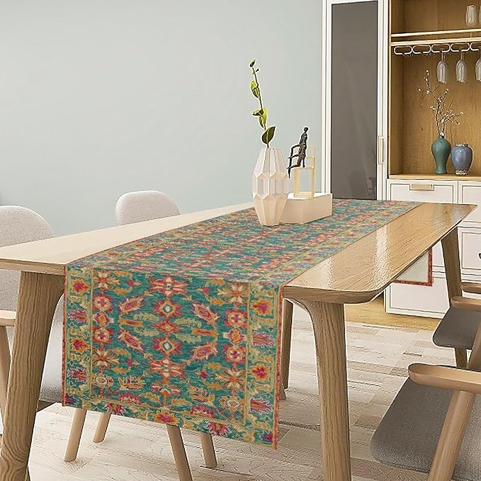 Vintage Boho Floral Table Runner, Rustic Country Farmhouse Teal Red Purple Flower Pattern for Home Kitchen Table Decor Dining Coffee Room Party Decor 13x120in