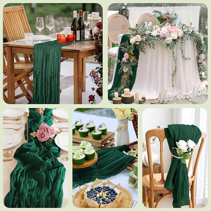Asee'm 3PCS Table Runner Cheesecloth 10FT Emerald Green Boho Gauze Fabric Rustic Sheer Cheese Cloth Runners for Wedding Bridal Shower Party Spring Easter Decoration
