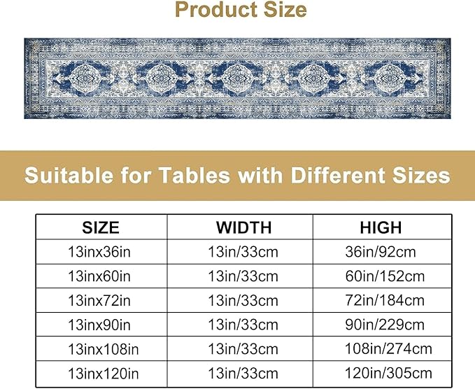Vintage Boho Floral Table Runner, Rustic Country Farmhouse Blue Teal Retro Flower Pattern for Home Kitchen Table Decor Dining Coffee Room Party Decor 13x120in