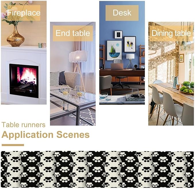 Dog Paw Table Runner,Kid Cute Animal Footprint Black White Theme Design Print Tablecloth Burlap for Hotel Indoors Outdoor Dining Room Kitchen Home Decor,W13X L80 in