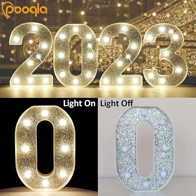 Pooqla Silver Decorative Signage, Lighted Number 5, Battery Powered LED Night Light for Christmas Wedding Home Bar Birthday Party Decoration, Plastic, Silver, 8.86 inches