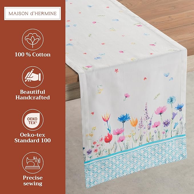 Maison d' Hermine Table Runner 100% Cotton Single Layer Table Runners 108 inches Long Decorative for Home Kitchen Dining Party Wedding Bridal Shower Spring Summer (Flower in The Field, 14.50" x 108")