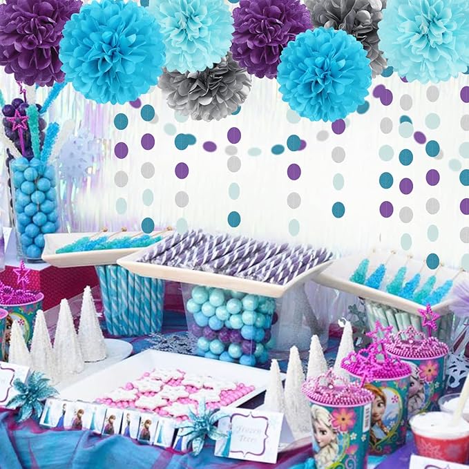 Purple-Blue Silver Frozen Christmas Party-Decorations - 30pcs Tissue Pom Poms Streamers,Winter Girl Birthday New Year Tassel Garland Banner,Wonderland Mermaid Baby Shower Wedding Supplies Decor Bunting Lasting Surprise