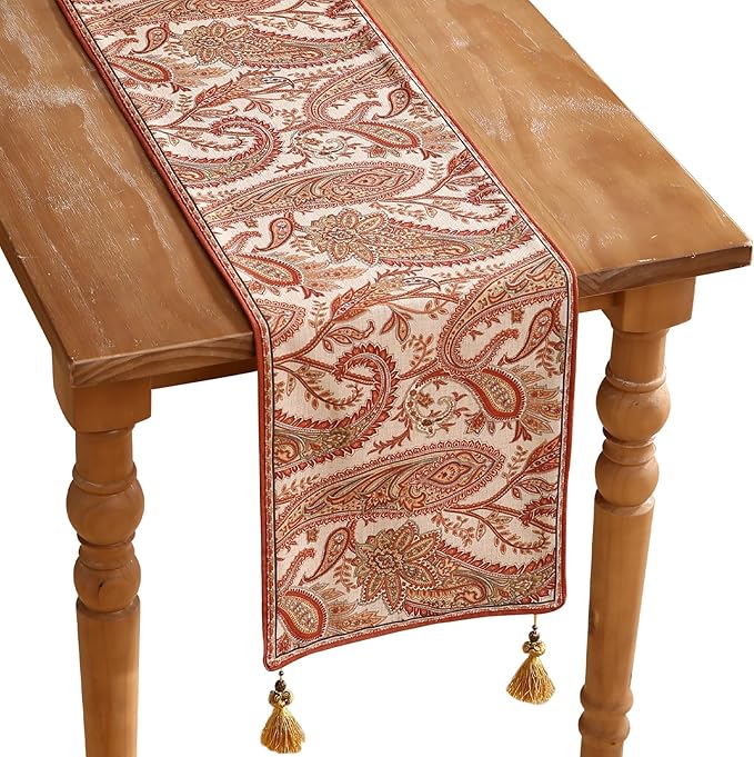 ISAENNE Designer Elegant Red Linen Extra Long Table Runner 118 Inches,Vintage Paisley Pattern Durable Table Runners for Dining Tables,Thanksgiving,Kitchen Tables,Christmas,12"*118"-Chauffrey A