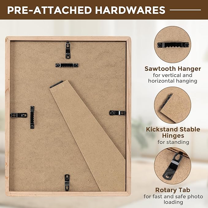 8.5x11 Picture Frame USA-Sourced Natural Cherry Wood Solid Original Wood Photo Frame Rounded Corner with Mat to 6x8 Picture Display with Real Glass Family Picture, Wedding Picture, Photo, Certificate
