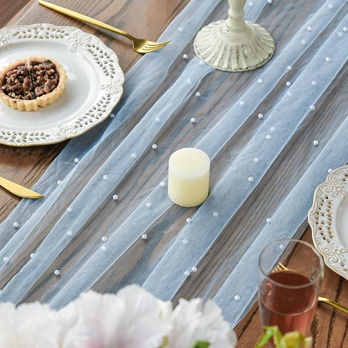 Artoid Mode Pearl Blue Gauze Table Runner 120 Inch 10FT, Seasonal Sheer Dining Holiday Wedding Birthday Baby Shower Table Decor for Home Party